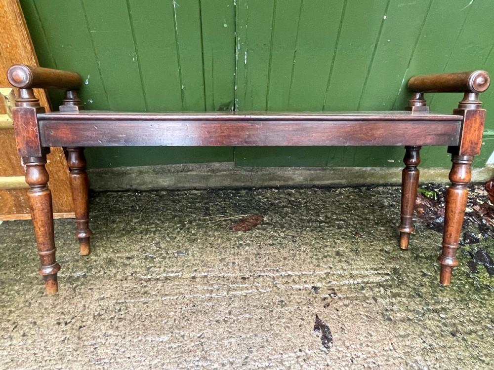 Early C19th Regency period mahogany hall bench or seat with cylindrical roll-end supports. View XII