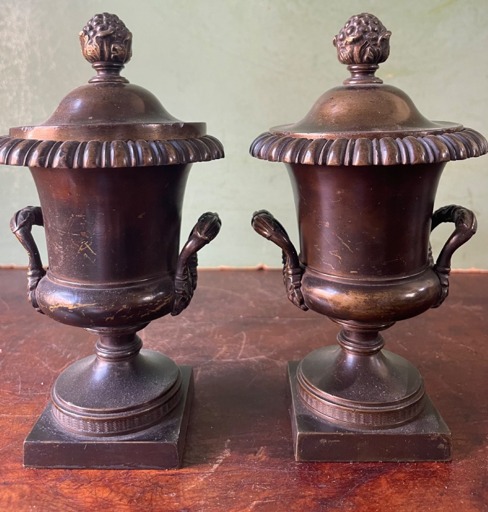 A pair of early nineteenth-century Regency dark brown bronze cassolettes with campana-shaped bodies, double loop handles, gadrooned lids topped with finials, resting on square plinth bases. View II