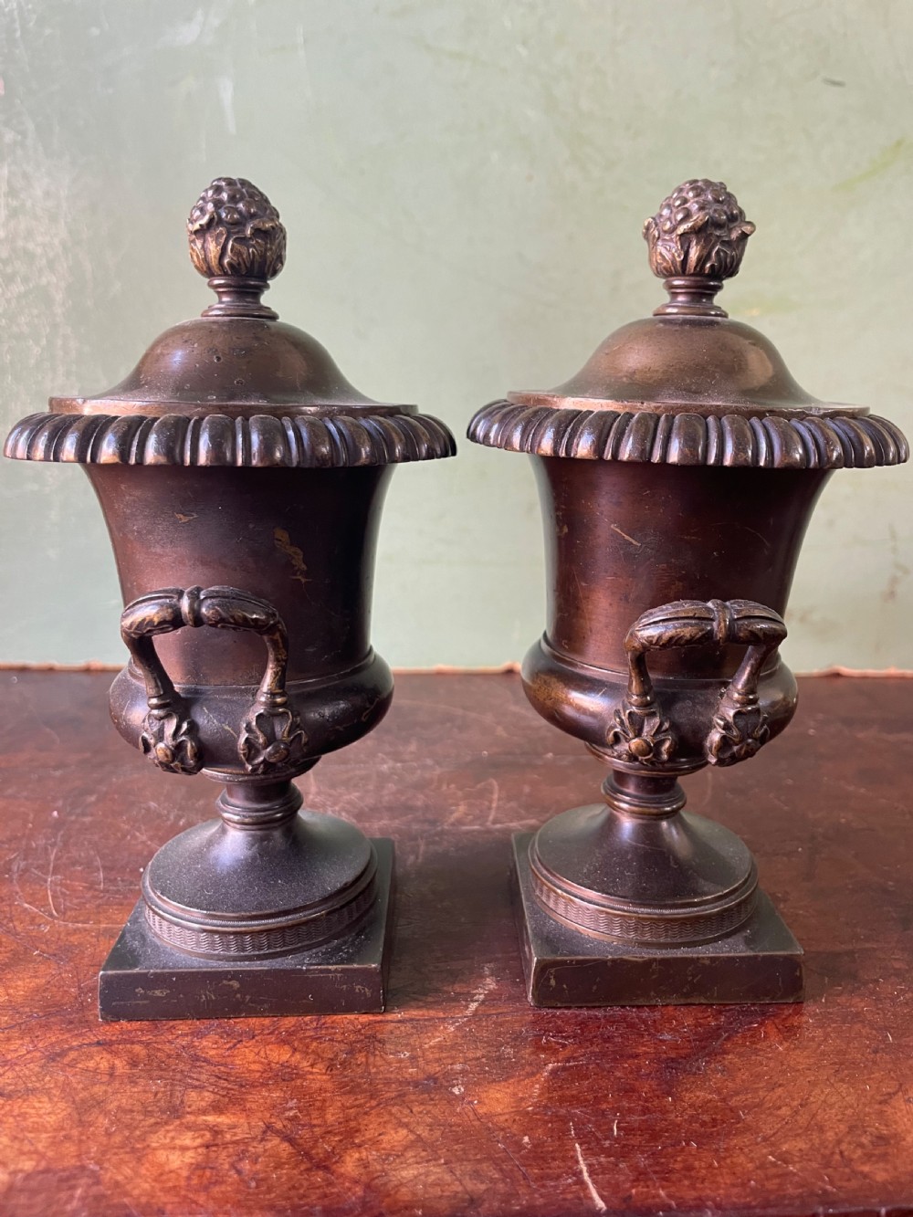 A pair of early nineteenth-century Regency dark brown bronze cassolettes with campana-shaped bodies, double loop handles, gadrooned lids topped with finials, resting on square plinth bases. View VII
