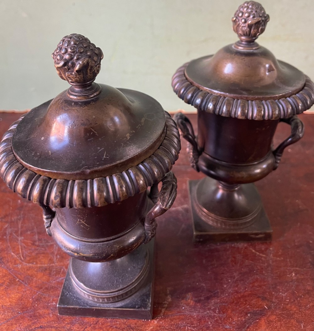A pair of early nineteenth-century Regency dark brown bronze cassolettes with campana-shaped bodies, double loop handles, gadrooned lids topped with finials, resting on square plinth bases. View XII