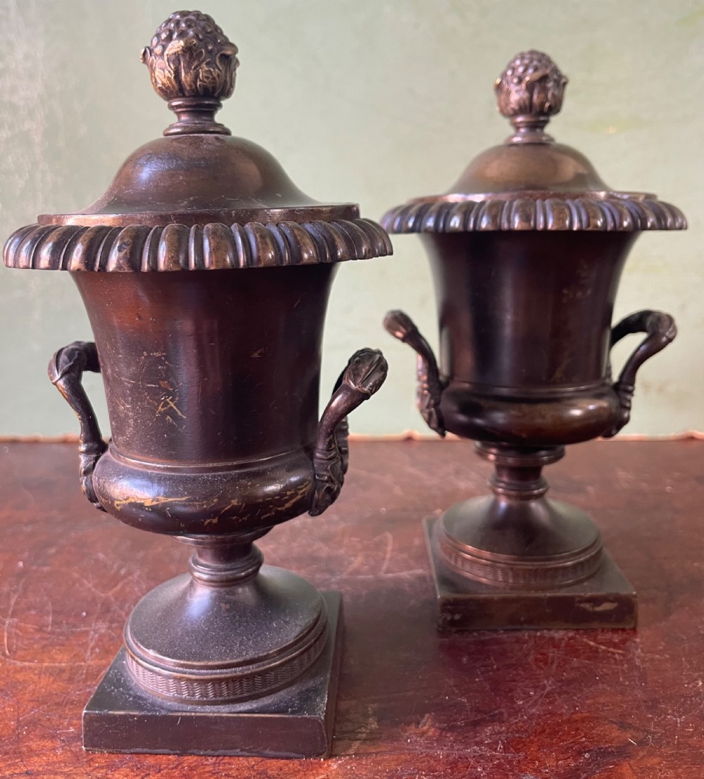 A pair of early nineteenth-century Regency dark brown bronze cassolettes with campana-shaped bodies, double loop handles, gadrooned lids topped with finials, resting on square plinth bases. View XIII
