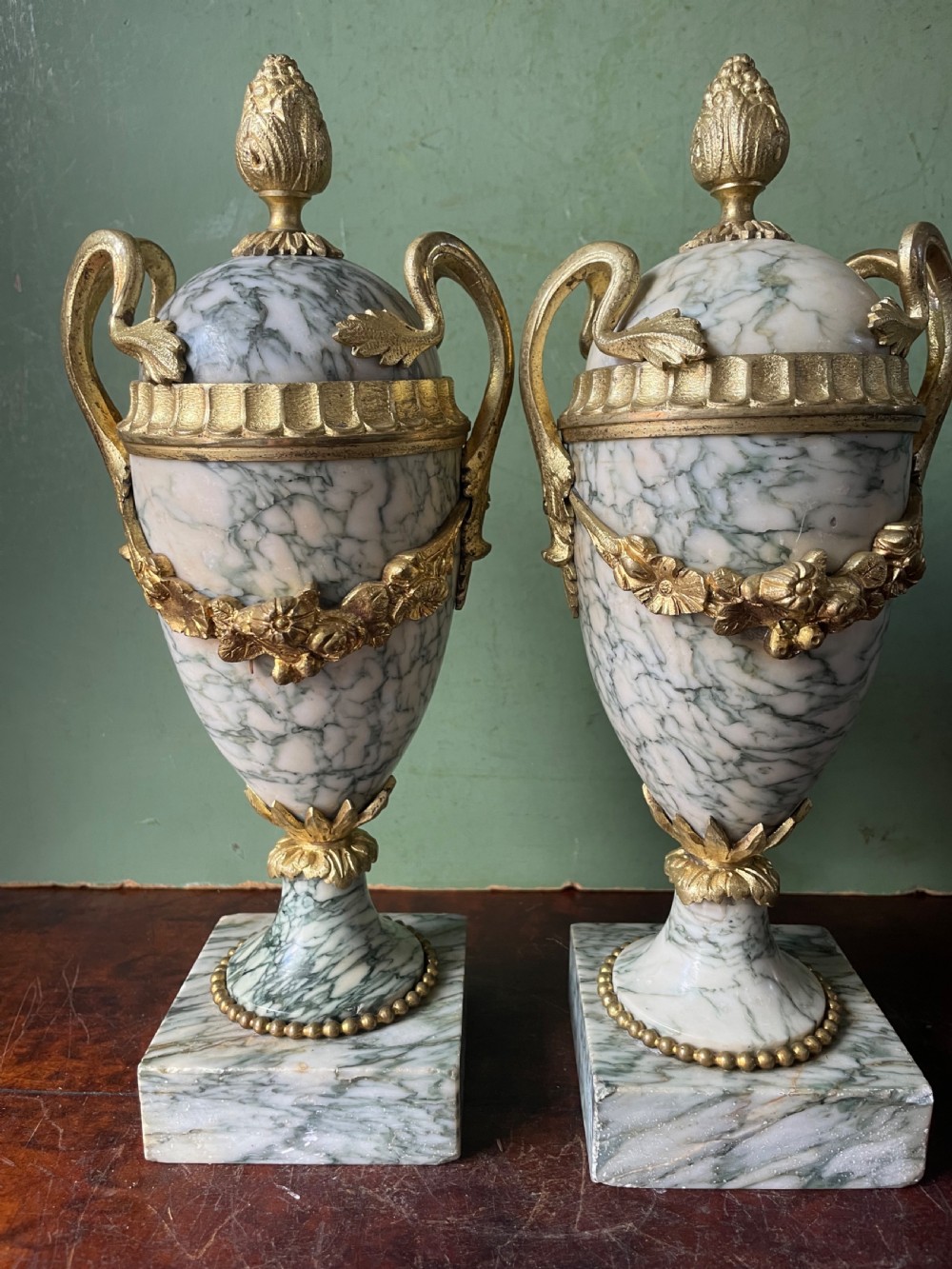 Pair late C19th/ early C20th French ormolu-mounted ‘Cippolino’ marble vases . View II