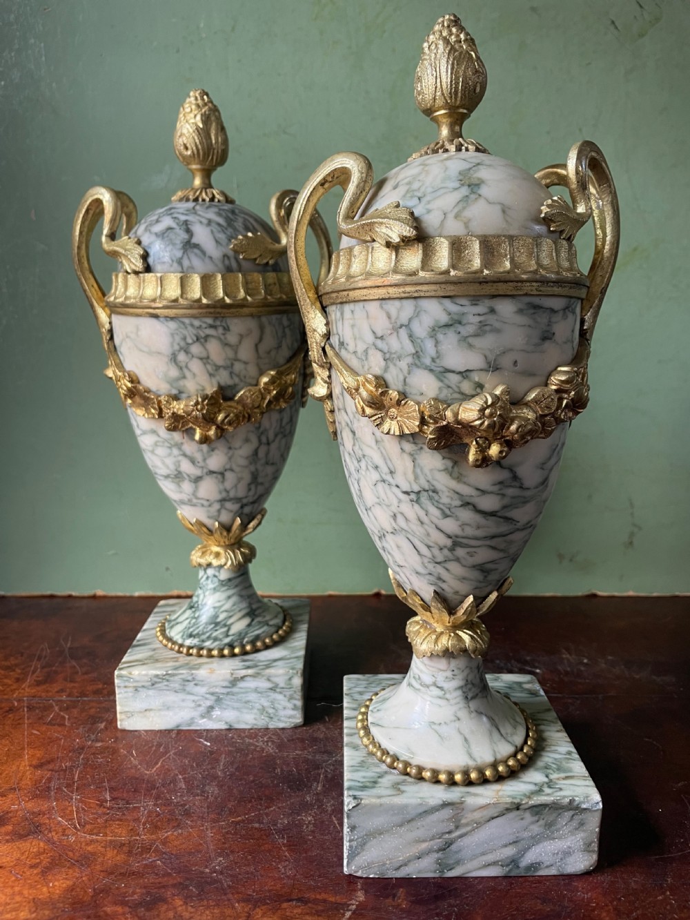 Pair late C19th/ early C20th French ormolu-mounted ‘Cippolino’ marble vases . View III