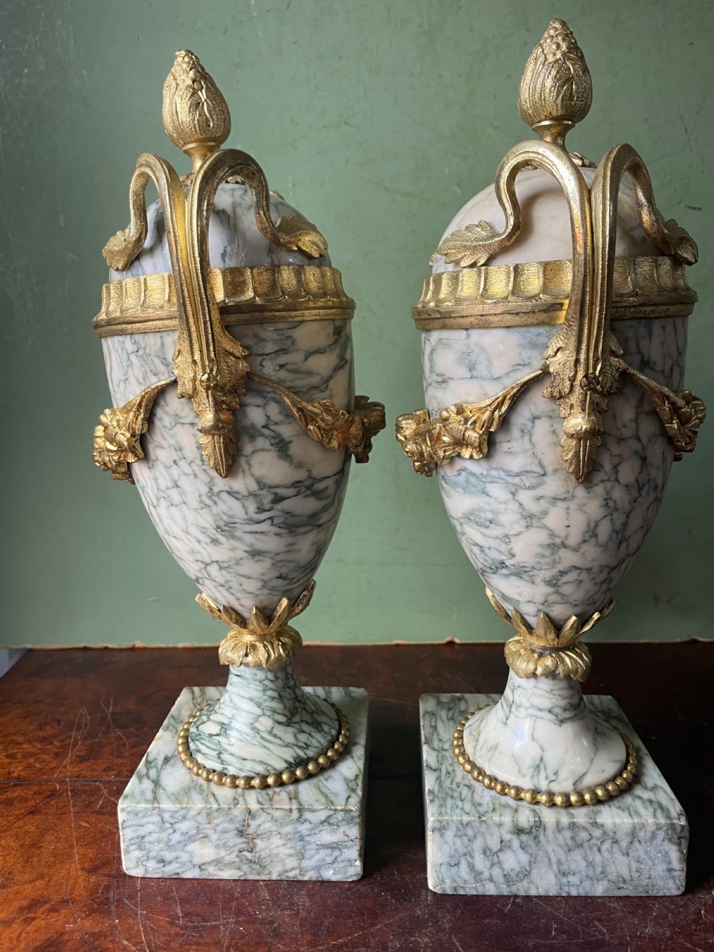 Pair late C19th/ early C20th French ormolu-mounted ‘Cippolino’ marble vases . View V