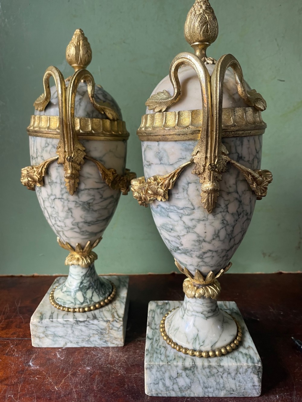 Pair late C19th/ early C20th French ormolu-mounted ‘Cippolino’ marble vases . View VI