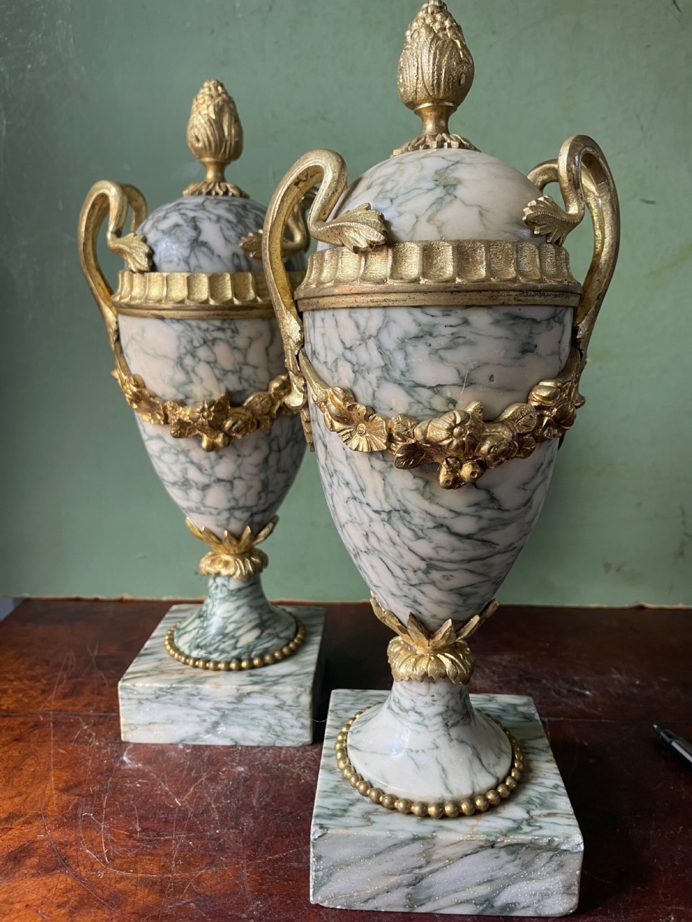 Pair late C19th/ early C20th French ormolu-mounted ‘Cippolino’ marble vases . View VII