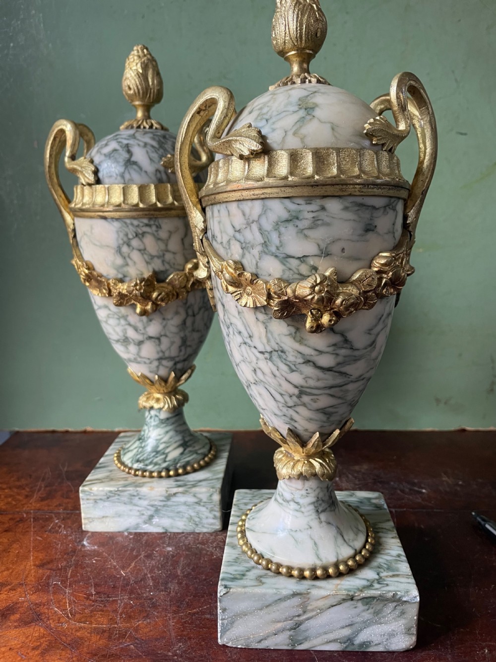 Pair late C19th/ early C20th French ormolu-mounted ‘Cippolino’ marble vases . View VIII