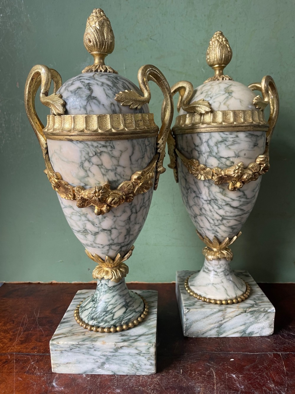 Pair late C19th/ early C20th French ormolu-mounted ‘Cippolino’ marble vases . View IX