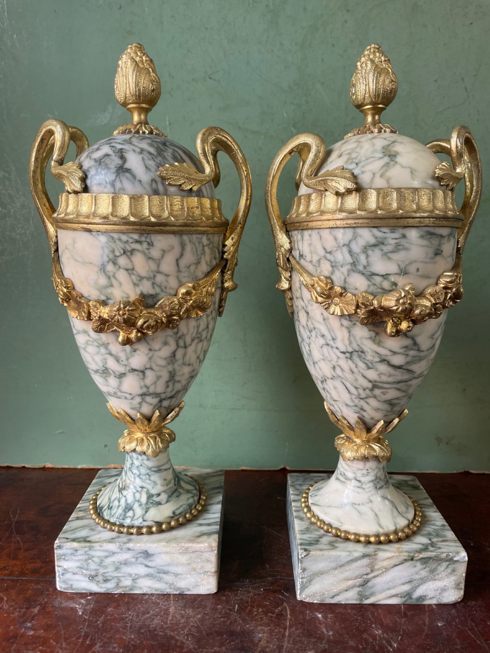 Pair late C19th/ early C20th French ormolu-mounted ‘Cippolino’ marble vases . View X