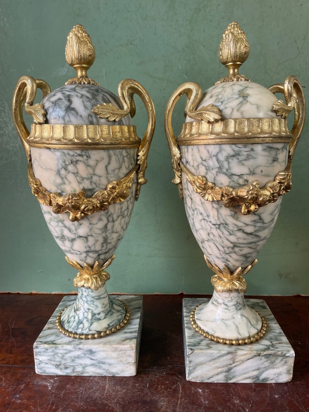 Pair late C19th/ early C20th French ormolu-mounted ‘Cippolino’ marble vases . View XII