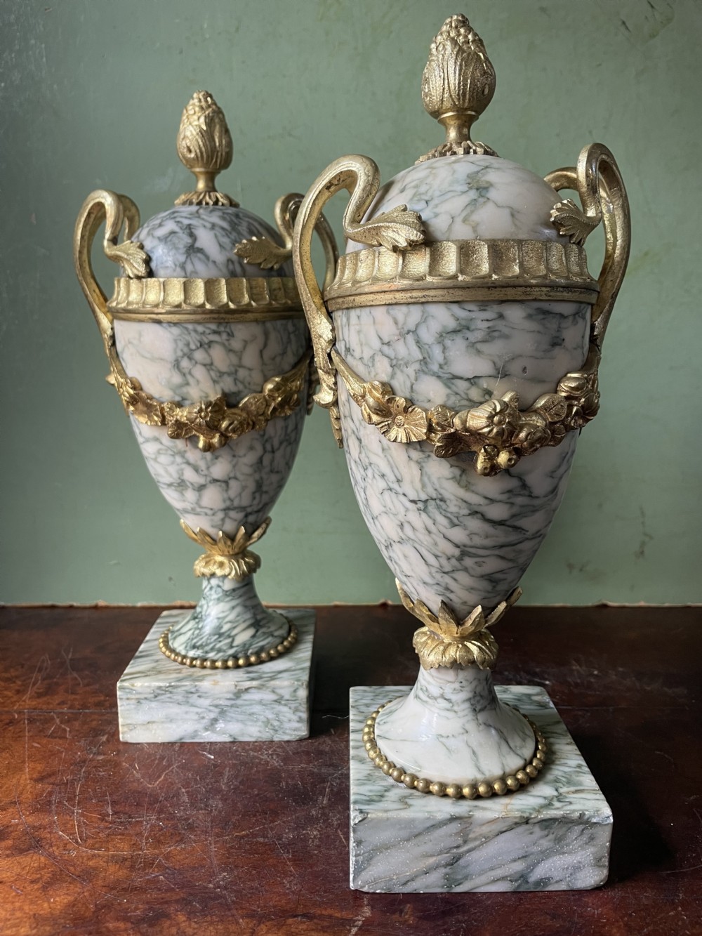 Pair late C19th/ early C20th French ormolu-mounted ‘Cippolino’ marble vases . View XIII
