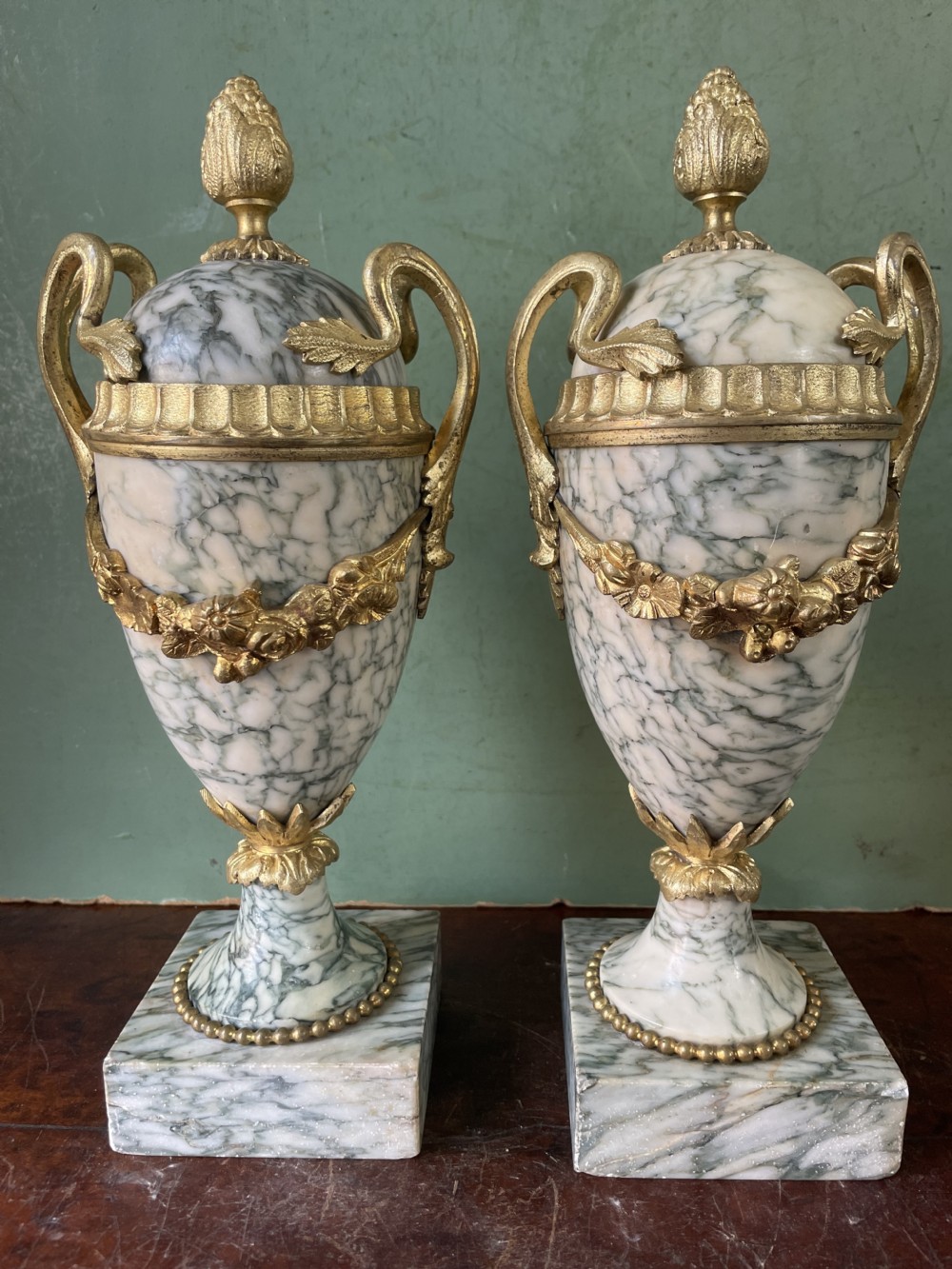 Pair late C19th/ early C20th French ormolu-mounted ‘Cippolino’ marble vases .