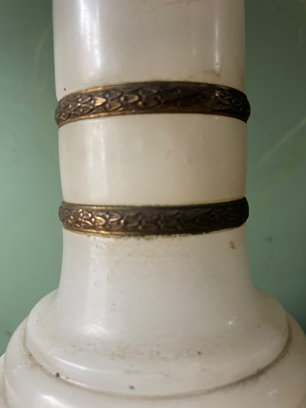 Pair of early C20th Italian gilt-brass mounted alabaster column table lamps . View IV