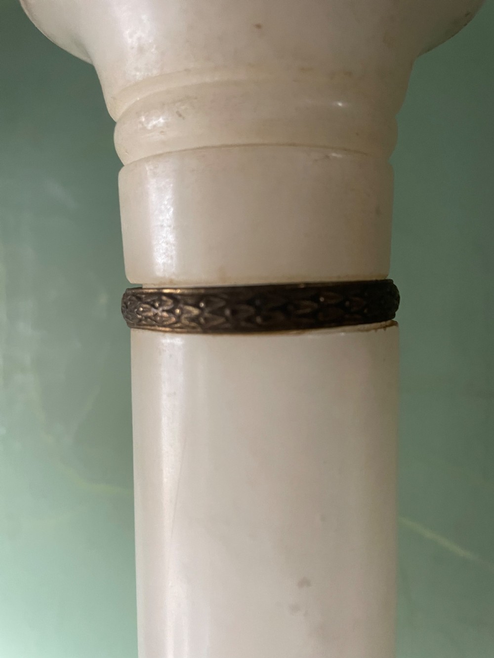 Pair of early C20th Italian gilt-brass mounted alabaster column table lamps . View VI