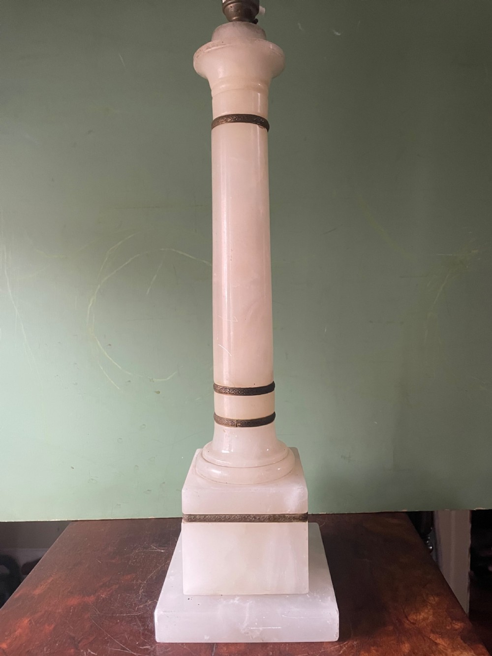 Pair of early C20th Italian gilt-brass mounted alabaster column table lamps . View VIII