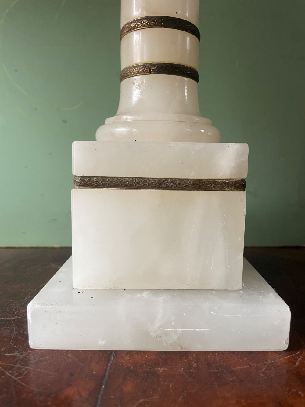 Pair of early C20th Italian gilt-brass mounted alabaster column table lamps . View IX