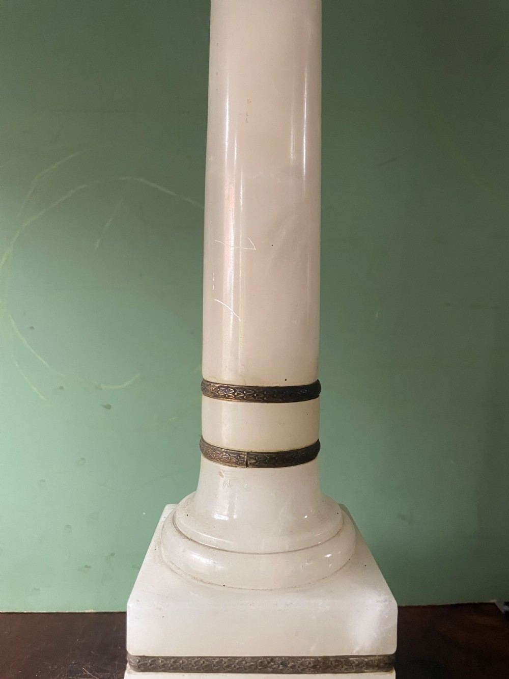 Pair of early C20th Italian gilt-brass mounted alabaster column table lamps . View X