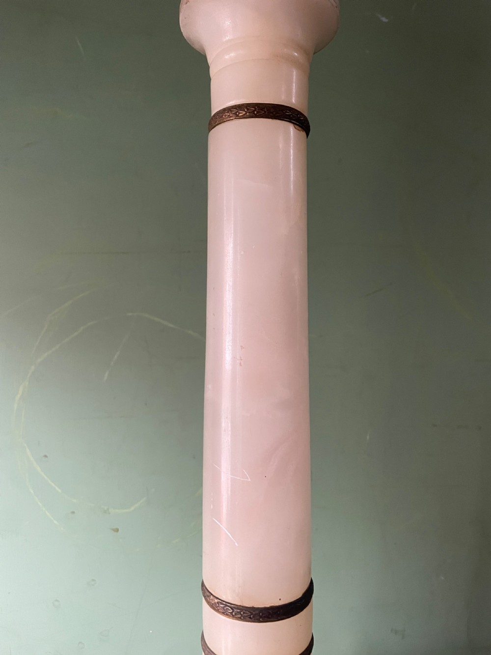 Pair of early C20th Italian gilt-brass mounted alabaster column table lamps . View XI