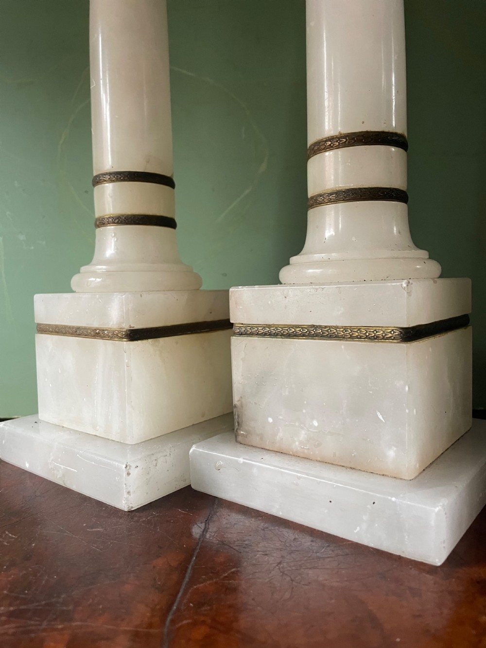 Pair of early C20th Italian gilt-brass mounted alabaster column table lamps . View XIII