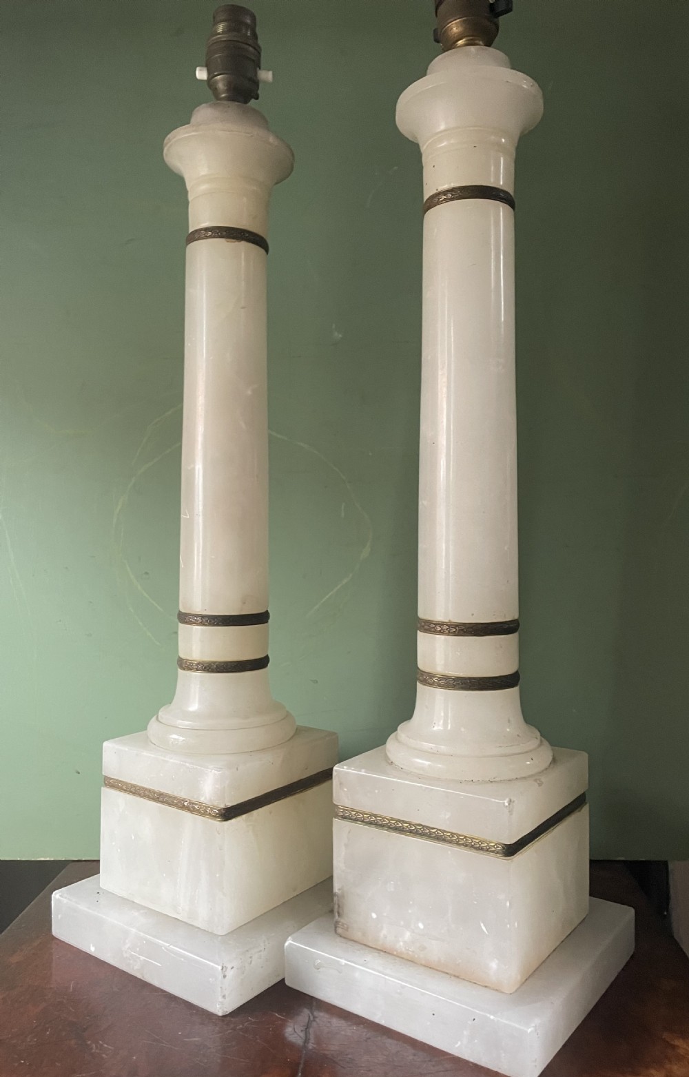 Pair of early C20th Italian gilt-brass mounted alabaster column table lamps . View XIV