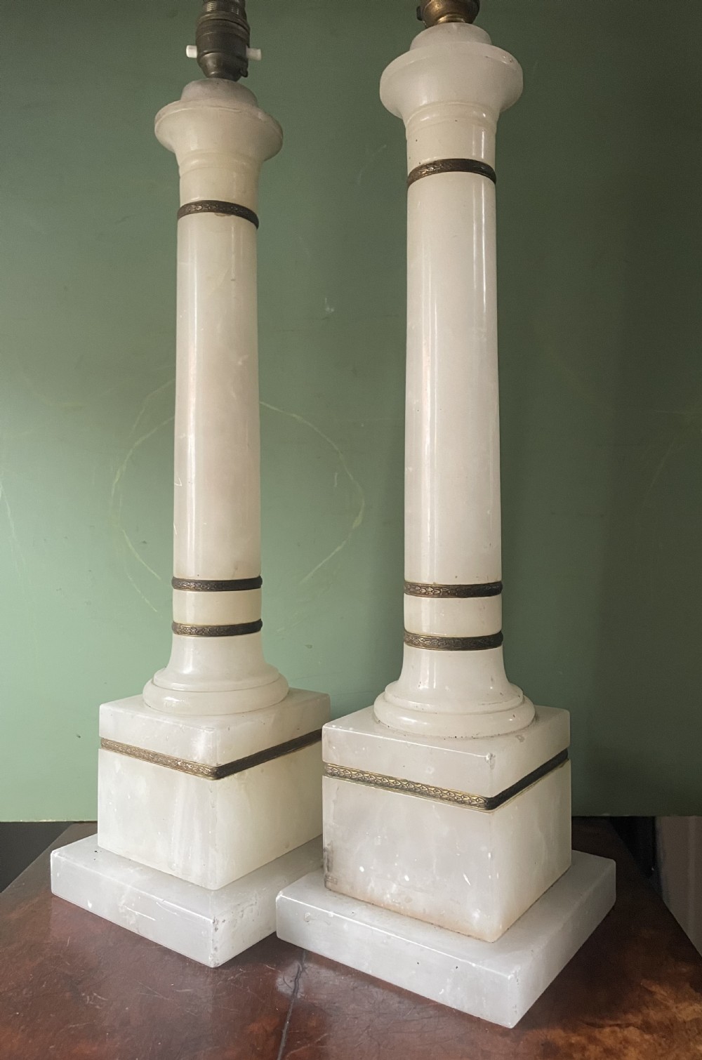 Pair of early C20th Italian gilt-brass mounted alabaster column table lamps . View XV