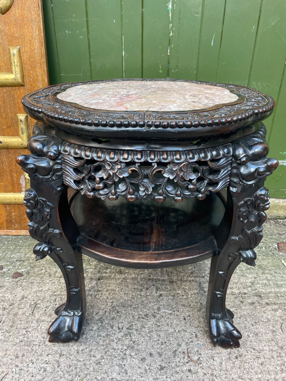 Larger scale late C19th Chinese Qing Dynasty carved hardwood marble top 2-tier ‘fish-bowl’ or jardiniere stand .