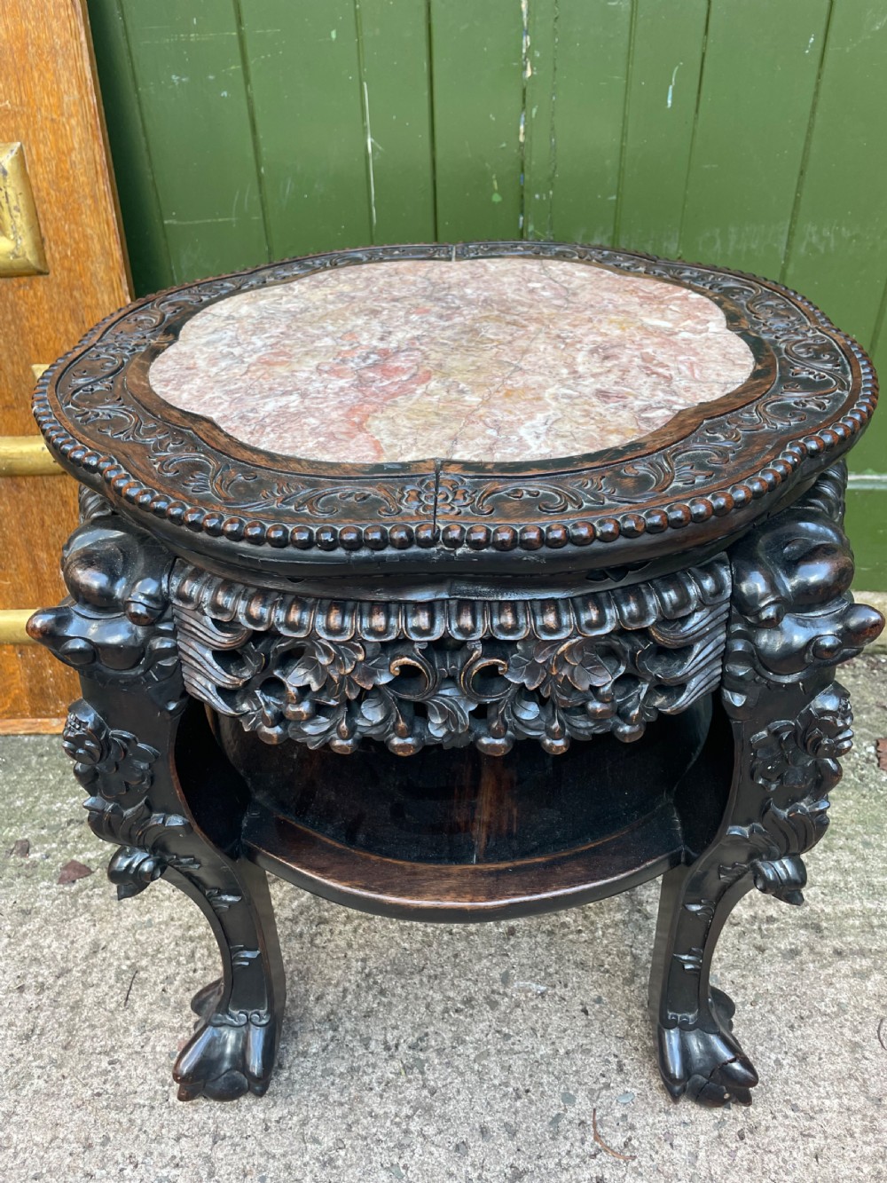 Larger scale late C19th Chinese Qing Dynasty carved hardwood marble top 2-tier ‘fish-bowl’ or jardiniere stand . View II