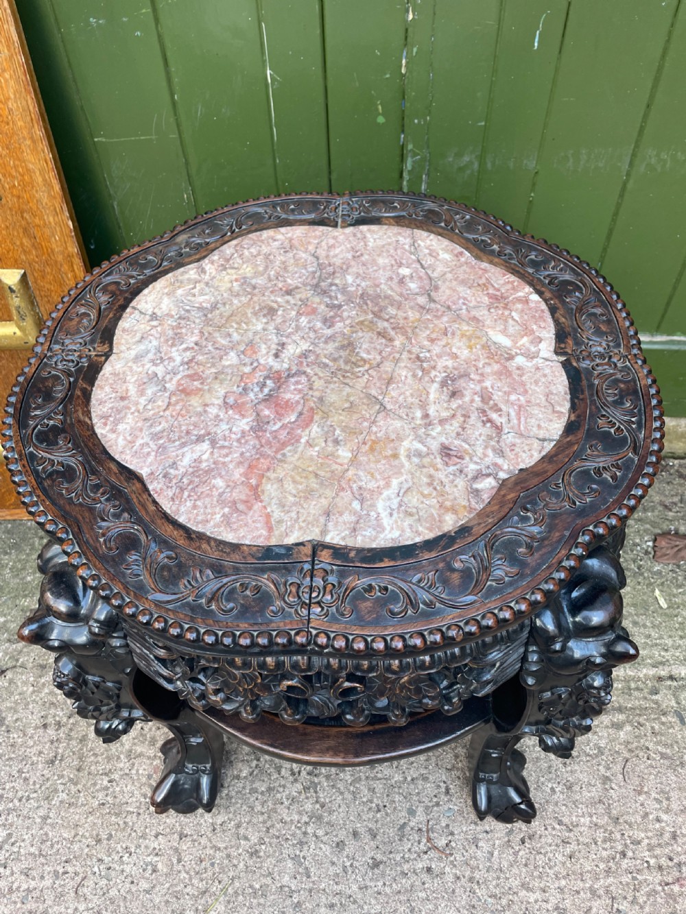 Larger scale late C19th Chinese Qing Dynasty carved hardwood marble top 2-tier ‘fish-bowl’ or jardiniere stand . View III