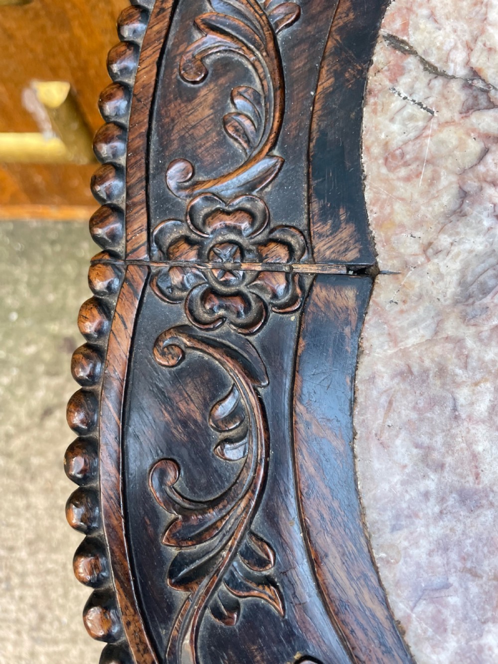 Larger scale late C19th Chinese Qing Dynasty carved hardwood marble top 2-tier ‘fish-bowl’ or jardiniere stand . View IV