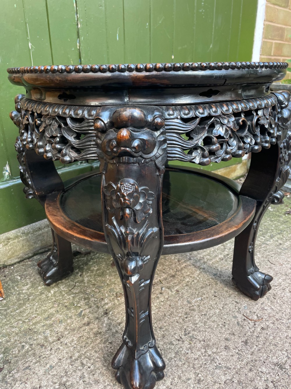Larger scale late C19th Chinese Qing Dynasty carved hardwood marble top 2-tier ‘fish-bowl’ or jardiniere stand . View VI