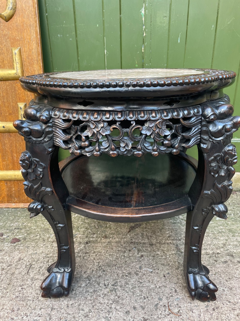 Larger scale late C19th Chinese Qing Dynasty carved hardwood marble top 2-tier ‘fish-bowl’ or jardiniere stand . View VII