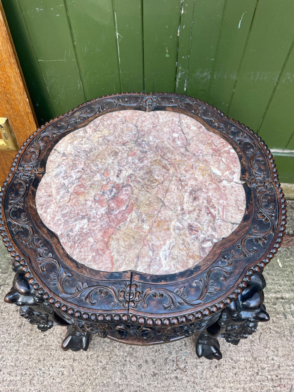 Larger scale late C19th Chinese Qing Dynasty carved hardwood marble top 2-tier ‘fish-bowl’ or jardiniere stand . View VIII