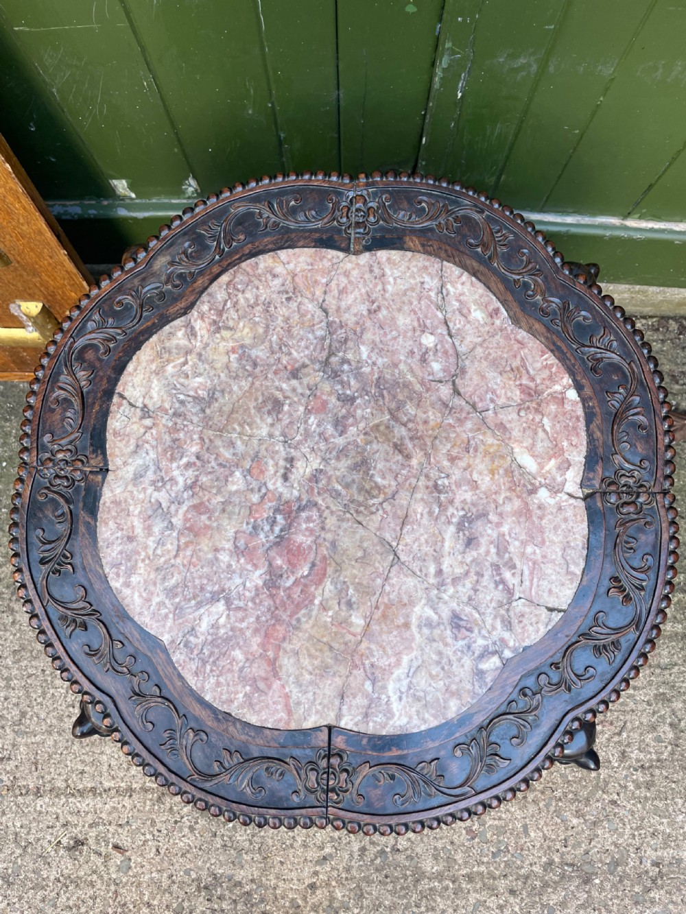 Larger scale late C19th Chinese Qing Dynasty carved hardwood marble top 2-tier ‘fish-bowl’ or jardiniere stand . View IX