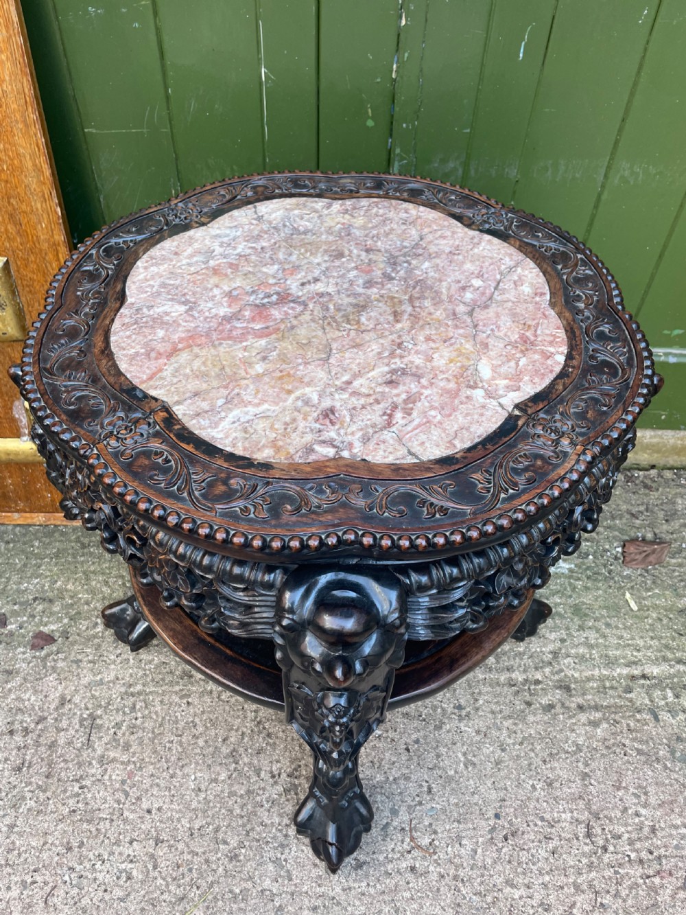 Larger scale late C19th Chinese Qing Dynasty carved hardwood marble top 2-tier ‘fish-bowl’ or jardiniere stand . View X