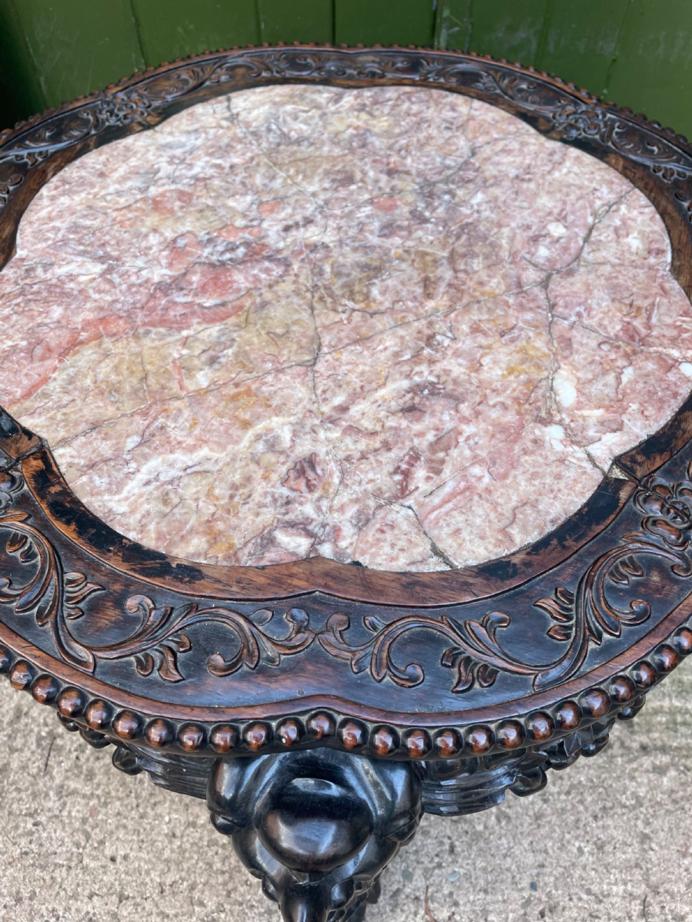 Larger scale late C19th Chinese Qing Dynasty carved hardwood marble top 2-tier ‘fish-bowl’ or jardiniere stand . View XI