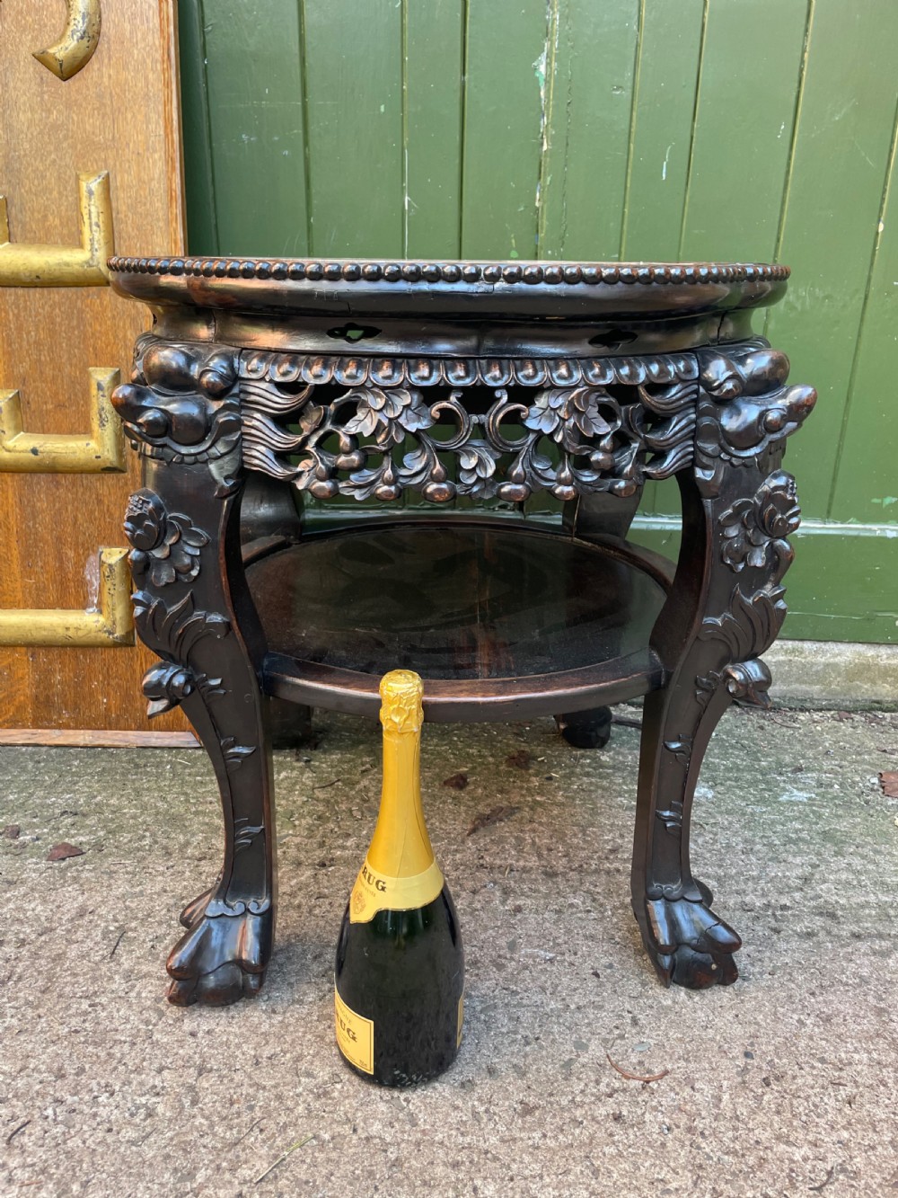Larger scale late C19th Chinese Qing Dynasty carved hardwood marble top 2-tier ‘fish-bowl’ or jardiniere stand . View XIV