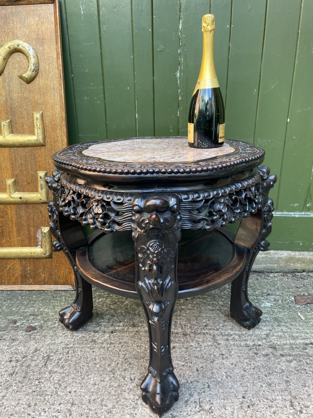 Larger scale late C19th Chinese Qing Dynasty carved hardwood marble top 2-tier ‘fish-bowl’ or jardiniere stand . View XII