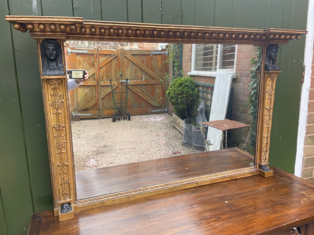 An early nineteenth-century Regency giltwood overmantel mirror featuring ball moulding along the cornice and ebonised Egyptian sphinx heads atop decorative pilasters. View XIV