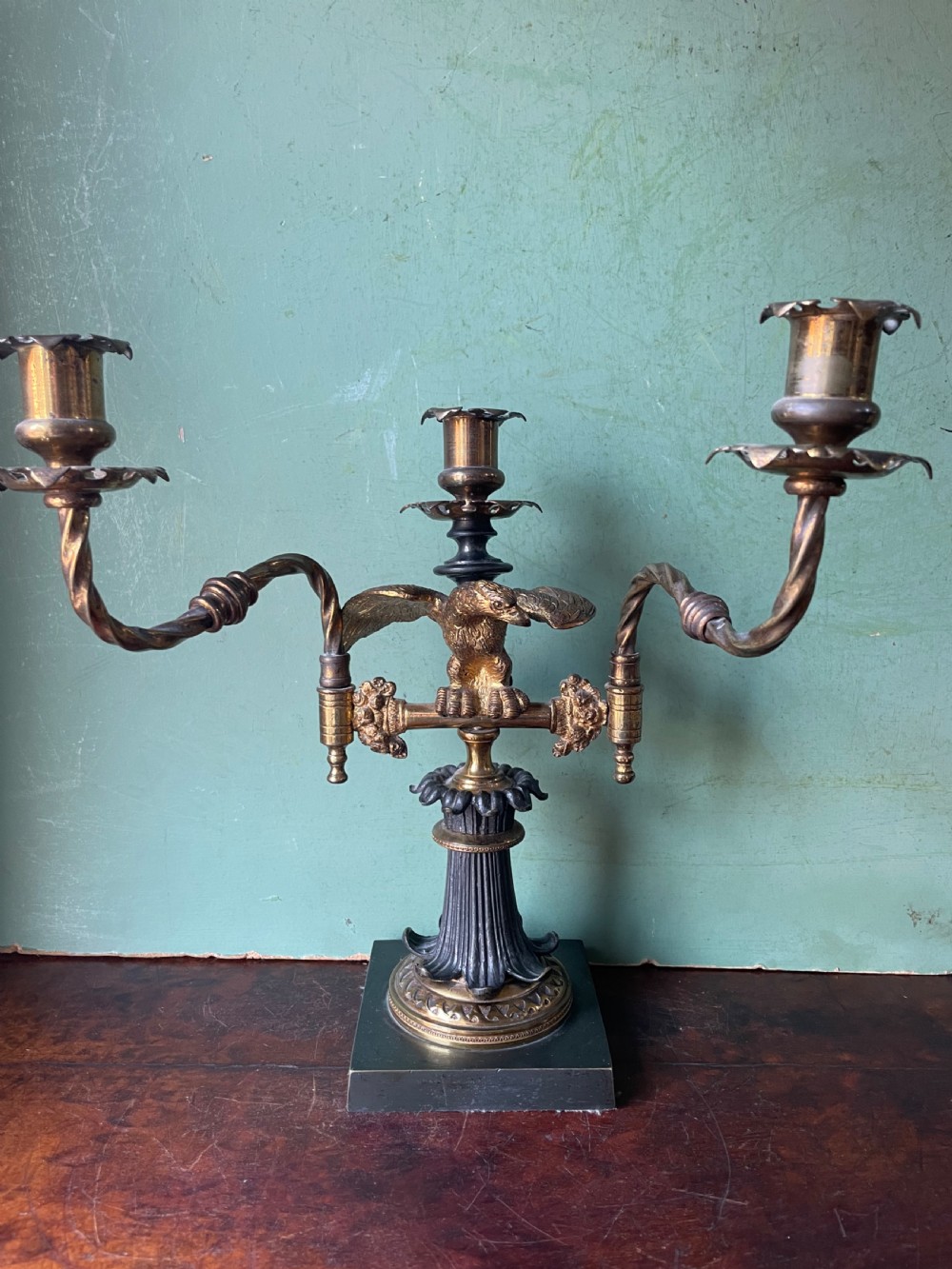Unusual early C19th Regency period bronze and ormolu Empire style adjustable arm 3-light candelabra.  