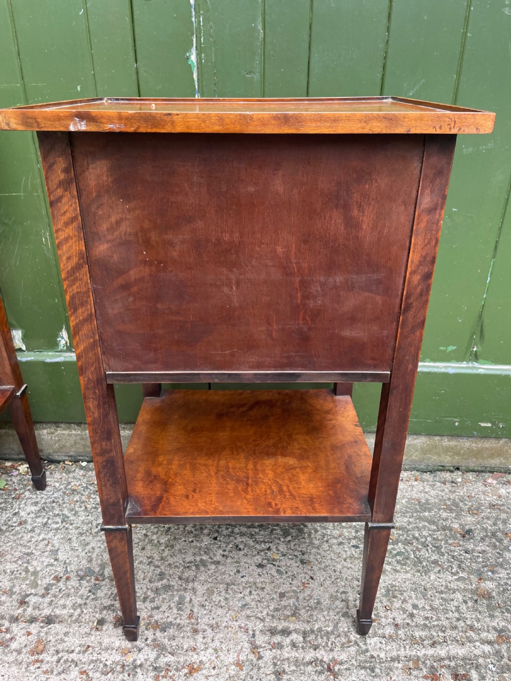 Pair of elegant late C19th figured walnut or satin birch bedside tables or nightstands.  View VI