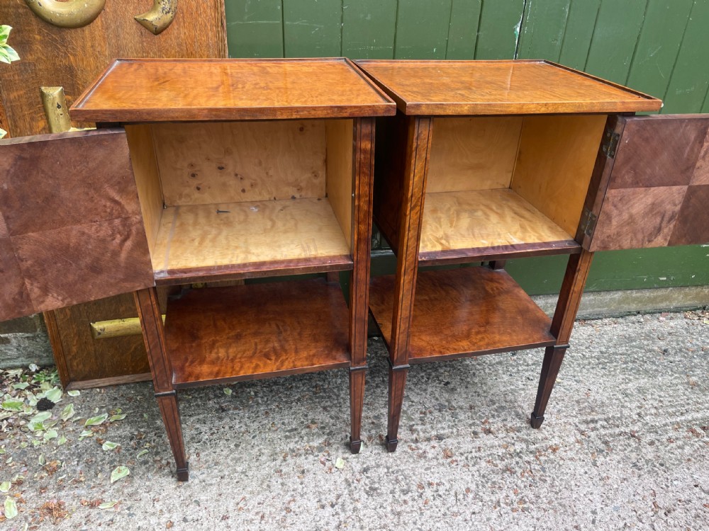 Pair of elegant late C19th figured walnut or satin birch bedside tables or nightstands.  View VIII