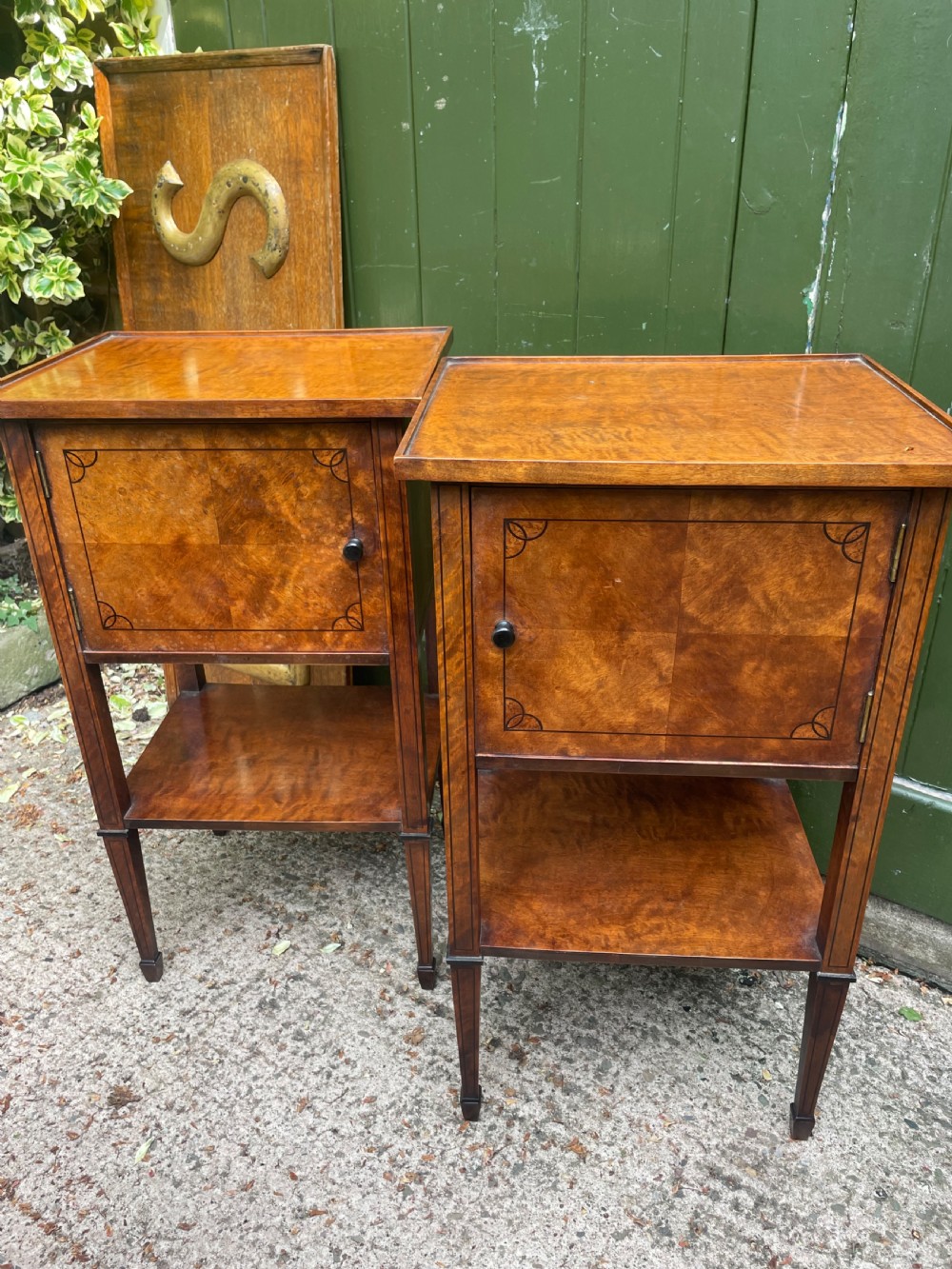 Pair of elegant late C19th figured walnut or satin birch bedside tables or nightstands.  View X