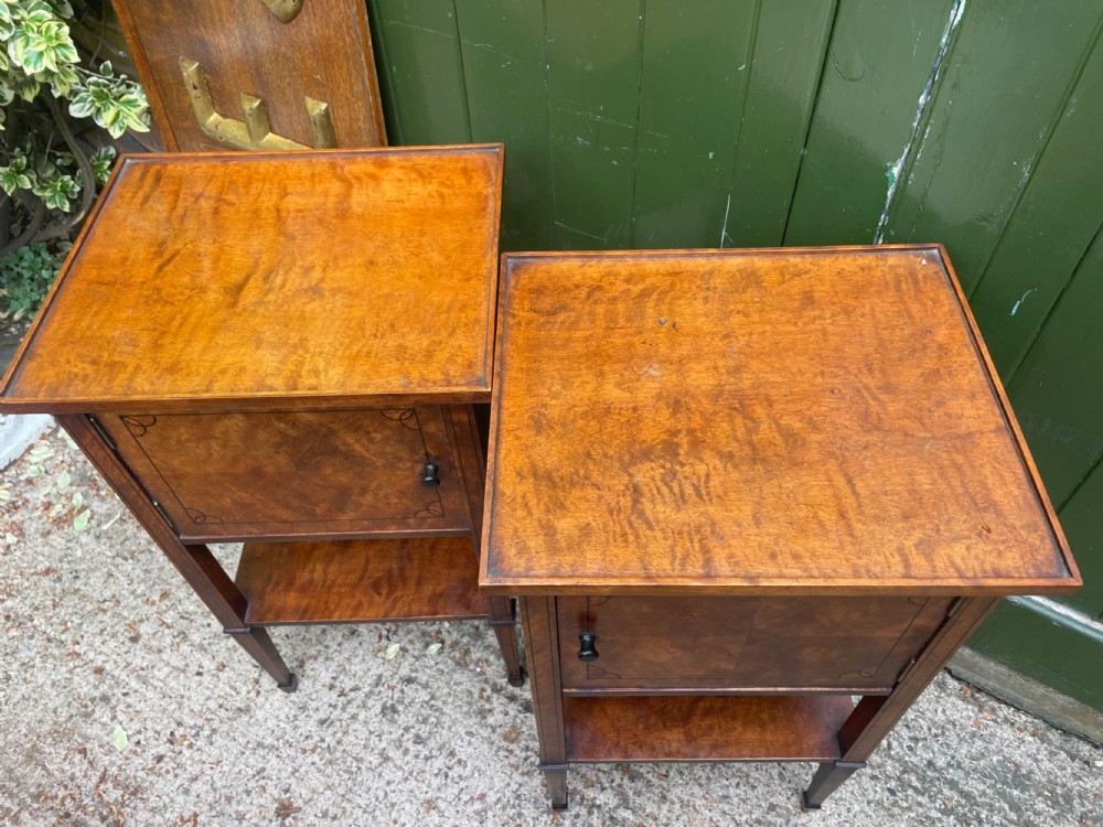 Pair of elegant late C19th figured walnut or satin birch bedside tables or nightstands.  View IX