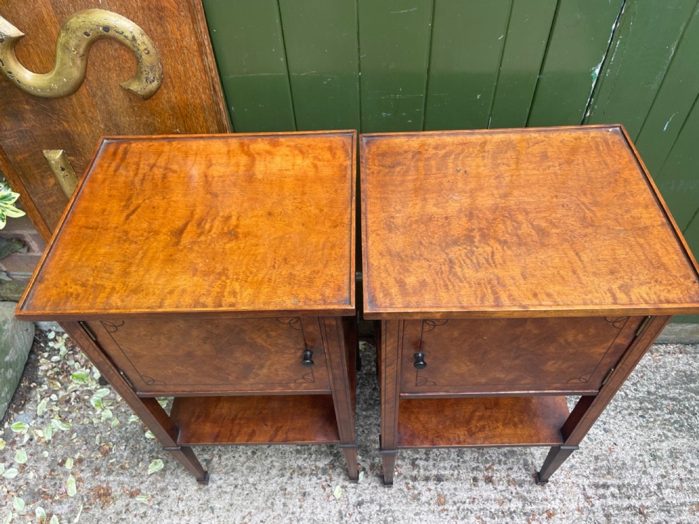 Pair of elegant late C19th figured walnut or satin birch bedside tables or nightstands.  View VII