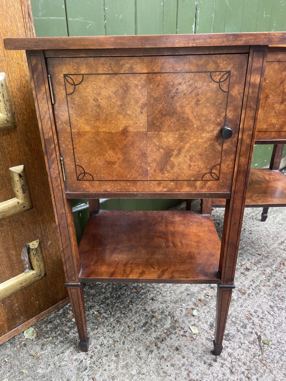 Pair of elegant late C19th figured walnut or satin birch bedside tables or nightstands.  View XI