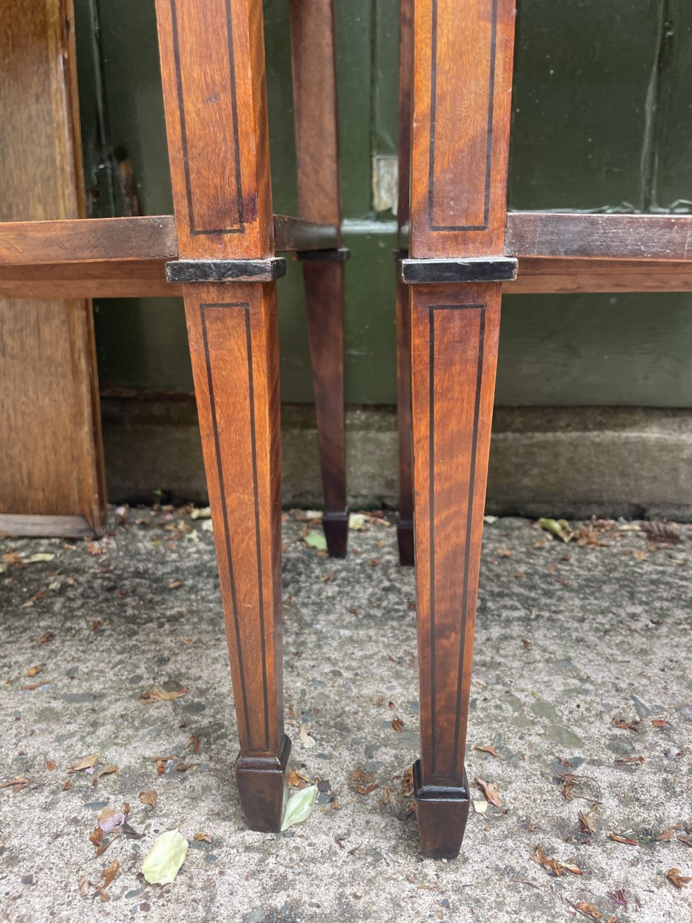 Pair of elegant late C19th figured walnut or satin birch bedside tables or nightstands.  View XIII