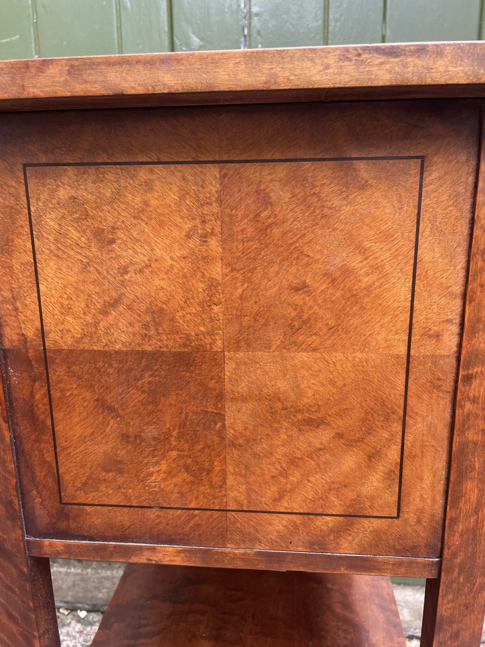 Pair of elegant late C19th figured walnut or satin birch bedside tables or nightstands.  View XIV