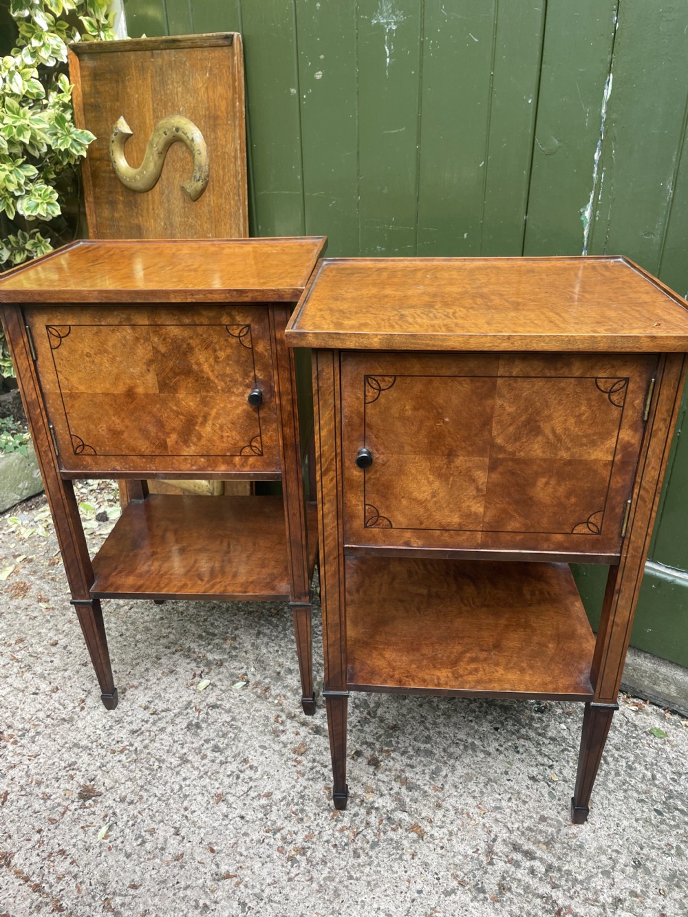 Pair of elegant late C19th figured walnut or satin birch bedside tables or nightstands.  View XV