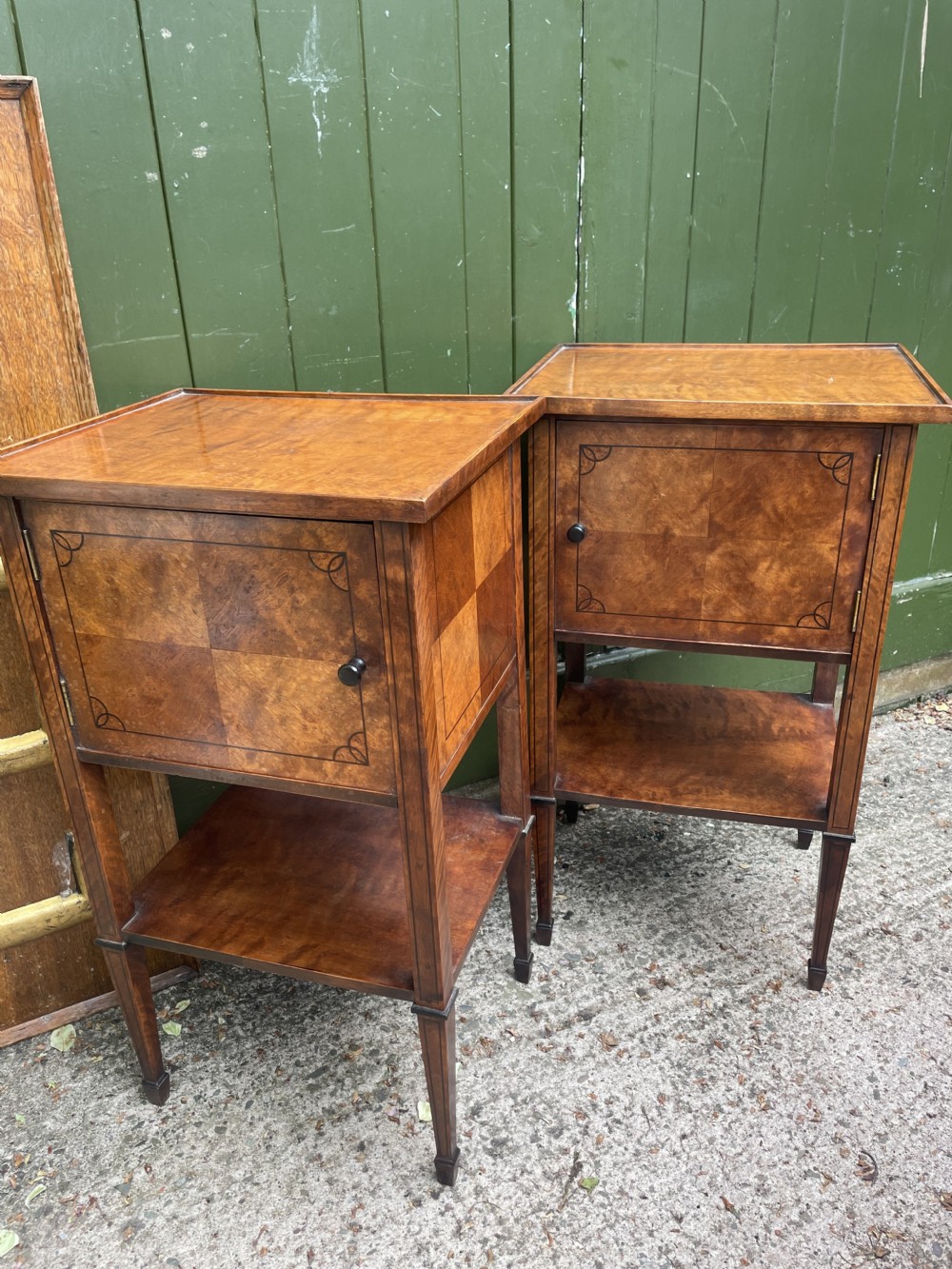Pair of elegant late C19th figured walnut or satin birch bedside tables or nightstands.  View XVIII