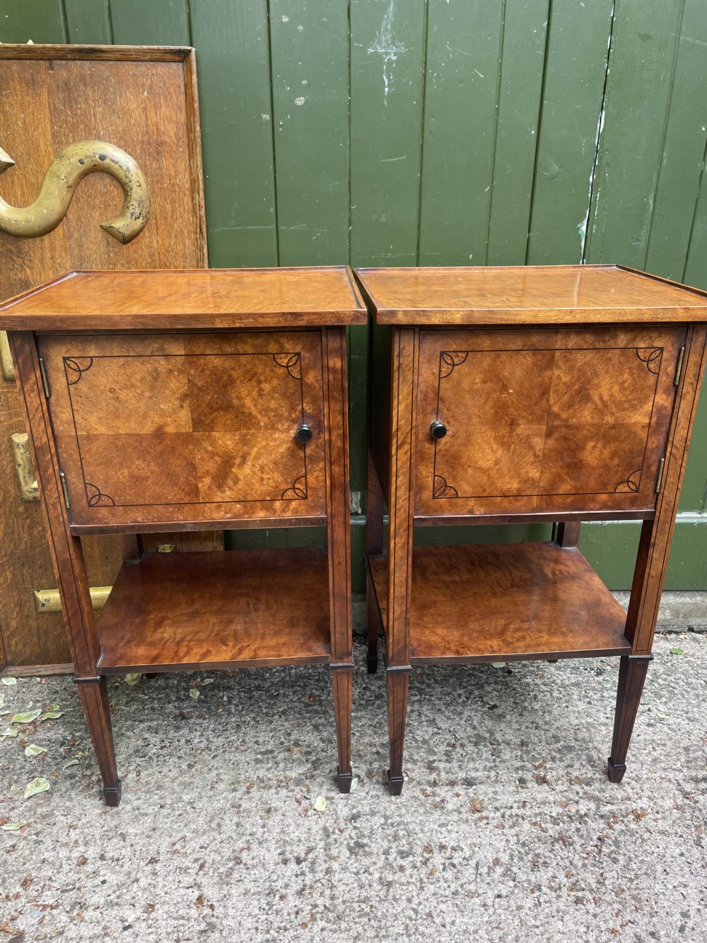 Pair of elegant late C19th figured walnut or satin birch bedside tables or nightstands.  View XIX
